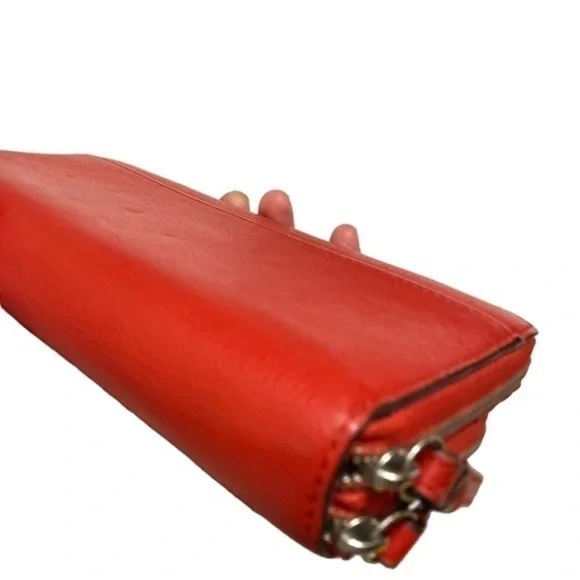 Coach orangy red leather double zipper wristlet clutch bag